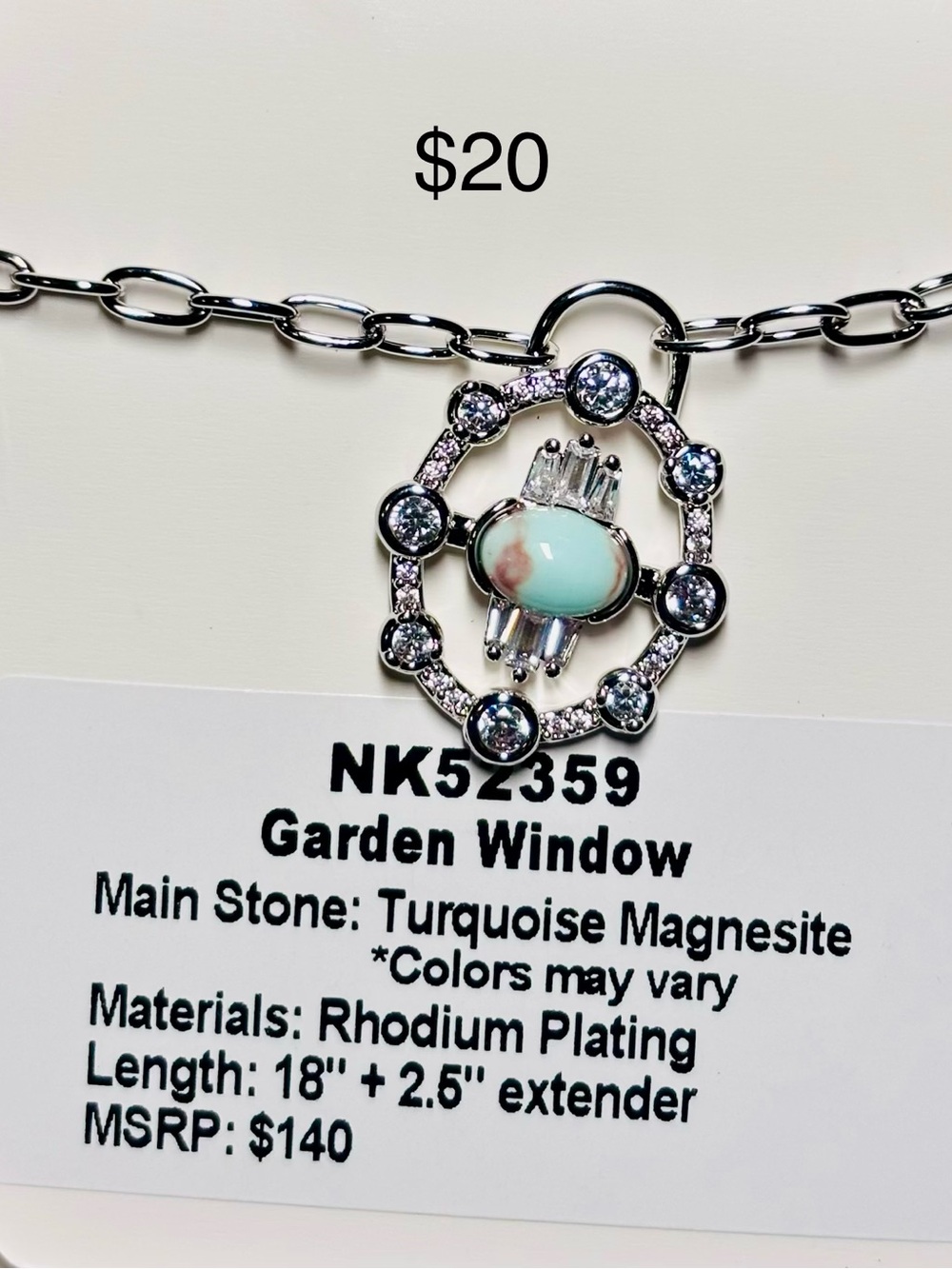 Garden Window Turquoise Magnesite Pendant Necklace - Silver Rhodium Finish